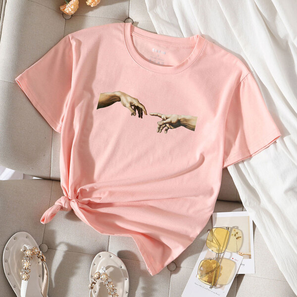 

Letter Print Round Neck Tee, Baby pink