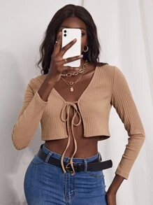 Ribbed Knit Knotted Front Crop Top - Khaki - View 1