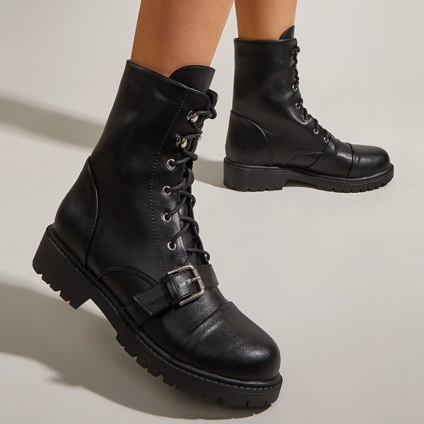 

Buckle Design Lace-Up Front Boots, Black