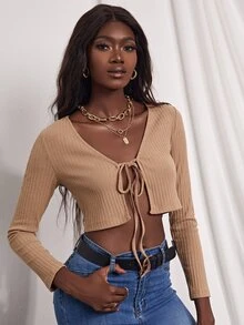 Ribbed Knit Knotted Front Crop Top - Khaki - View 3
