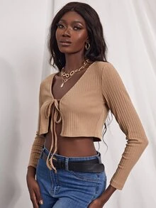 Ribbed Knit Knotted Front Crop Top - Khaki - View 4
