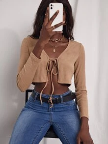 Ribbed Knit Knotted Front Crop Top - Khaki - View 5