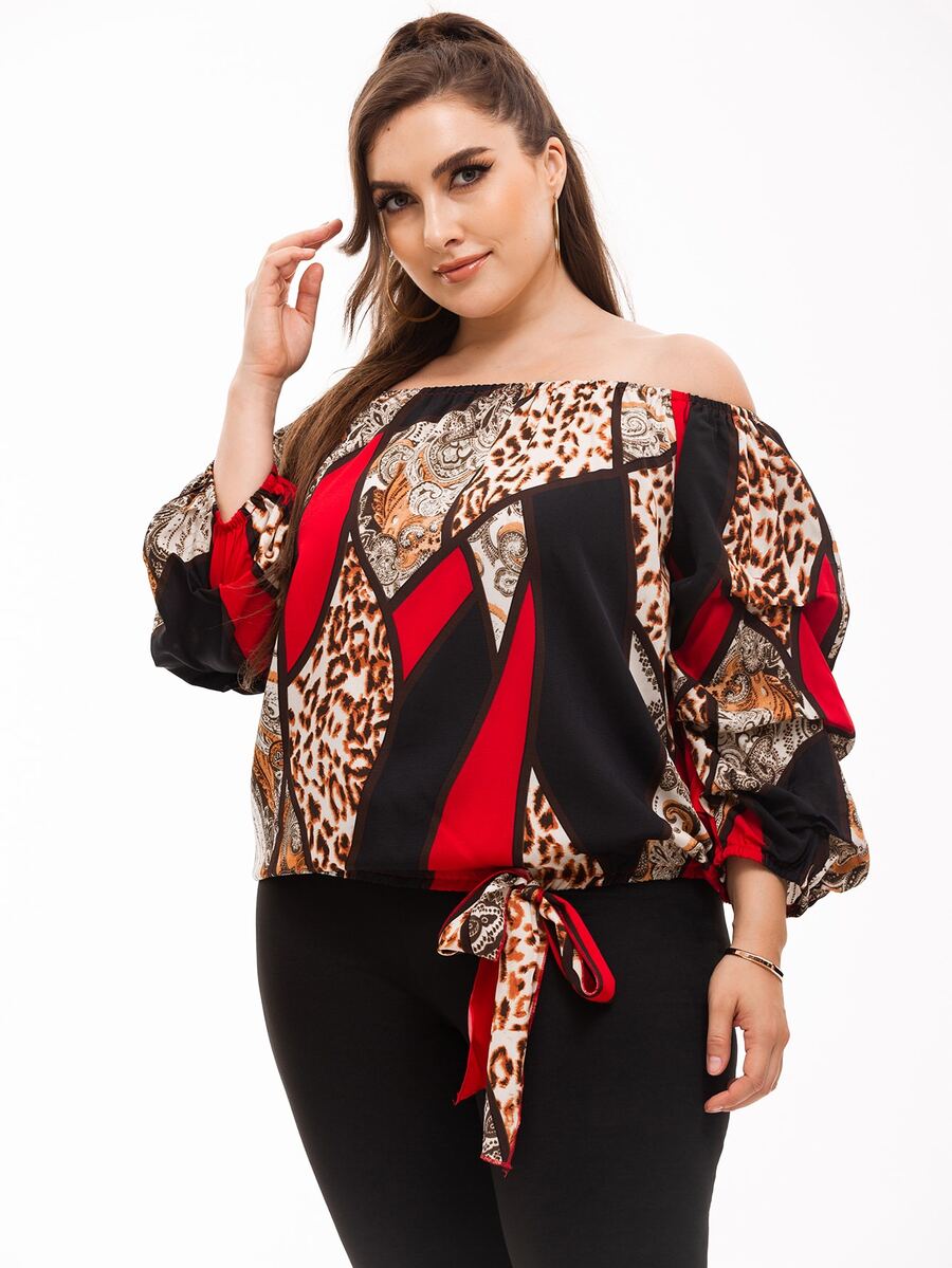 Áo sơ mi Plus Size Thắt nút Khối Màu Báo Giải trí - Nhiều màu - Xem 1