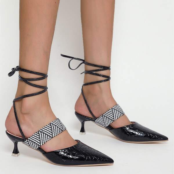 

Croc Embossed Stripped Pattern Point Toe Strappy Pumps, Black