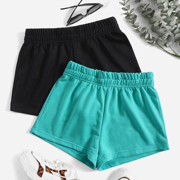 

2 Pack Solid Elastic Waist Track Shorts, Multicolor