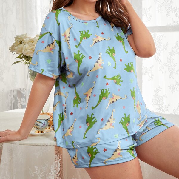 

Plus Dinosaur And Heart Print Pajama Set, Baby blue