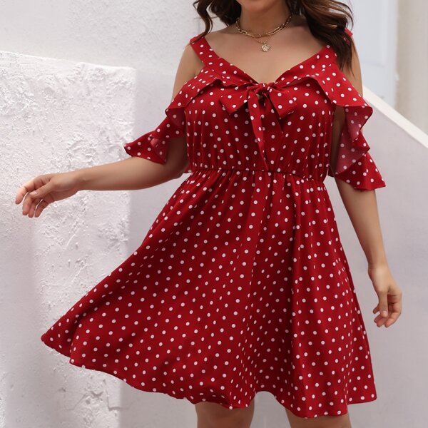

Plus Cold Shoulder Polka Dot Dress, Red