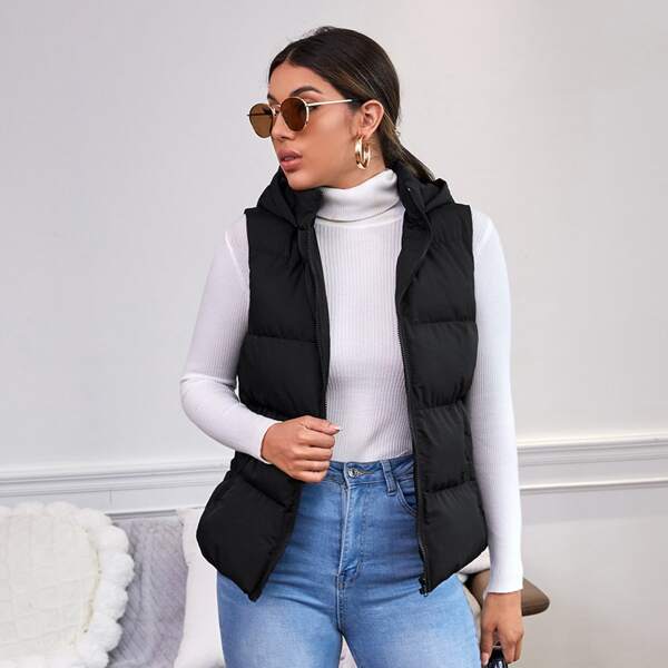 

Zipper Up Slant Pocket Hooded Sleeveless Puffer Coat, Black
