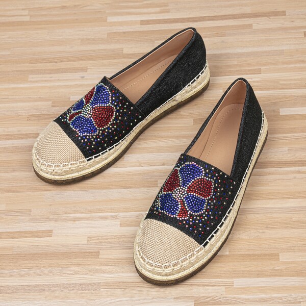 

Rhinestone Decor Stitch Detail Espadrille Flats, Black
