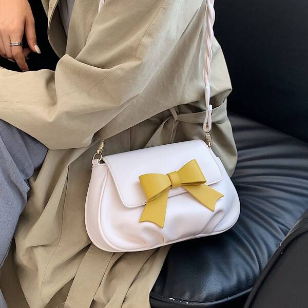 

Bow Decor Ruched Saddle Bag, White