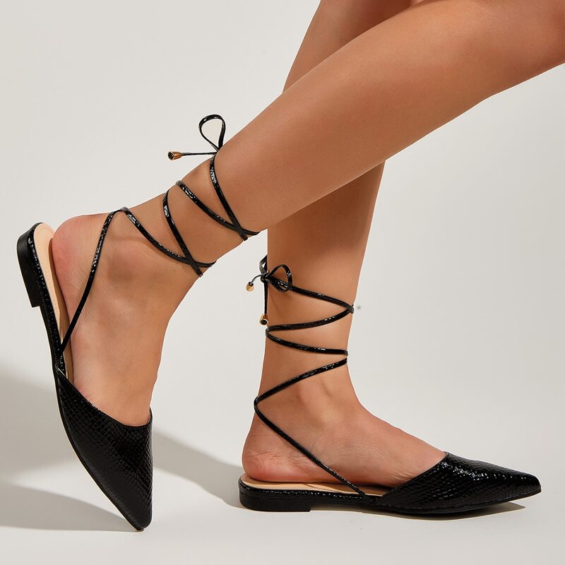 

Snakeskin Pattern Point Toe Gladiator Flats, Black