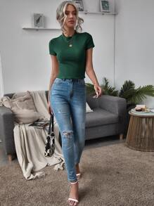 SHEIN Essnce 小高領羅紋針織T恤 - 墨綠色 - 查看 5