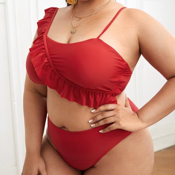 

Plus Plain Ruffle Trim High Waisted Bikini Swimsuit, Red