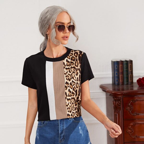 

Leopard Panel Colorblock Ribbed Tee, Multicolor