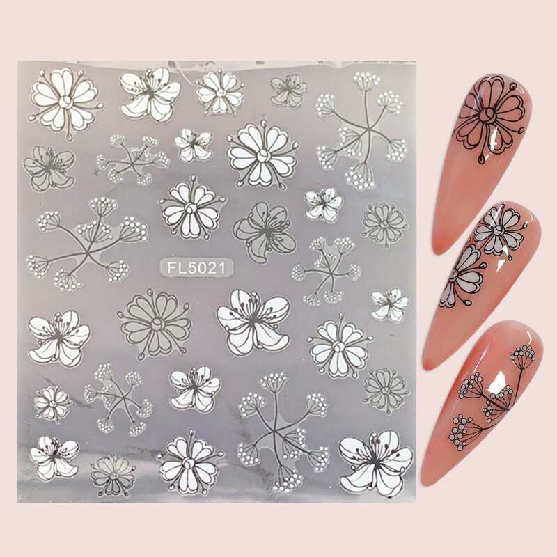 

1sheet Flower Pattern Nail Art Sticker, Black and white