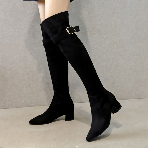 

Suede Buckle Decor Over The Kneel Boots, Black