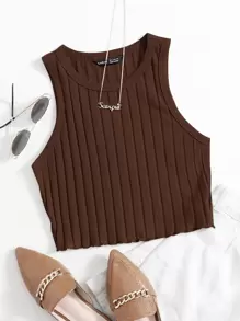 SHEIN EZwear 生菜邊羅紋針織背心上衣 - 咖啡棕 - 查看 1