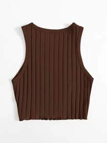 SHEIN EZwear 生菜邊羅紋針織背心上衣 - 咖啡棕 - 查看 2