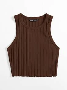 SHEIN EZwear 生菜邊羅紋針織背心上衣 - 咖啡棕 - 查看 3
