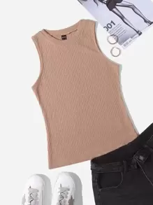 SHEIN LUNE 羅紋針織純色背心上衣 - 杏色 - 查看 1