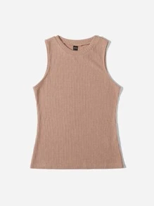 SHEIN LUNE 羅紋針織純色背心上衣 - 杏色 - 查看 3