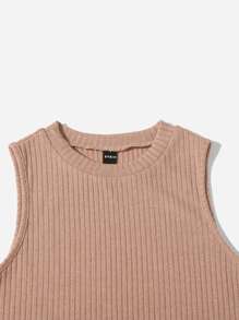 SHEIN LUNE 羅紋針織純色背心上衣 - 杏色 - 查看 4