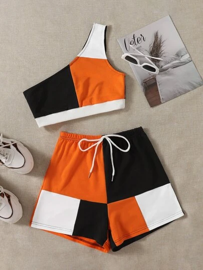SHEIN EZwear 單肩拼色上衣和運動短褲套裝