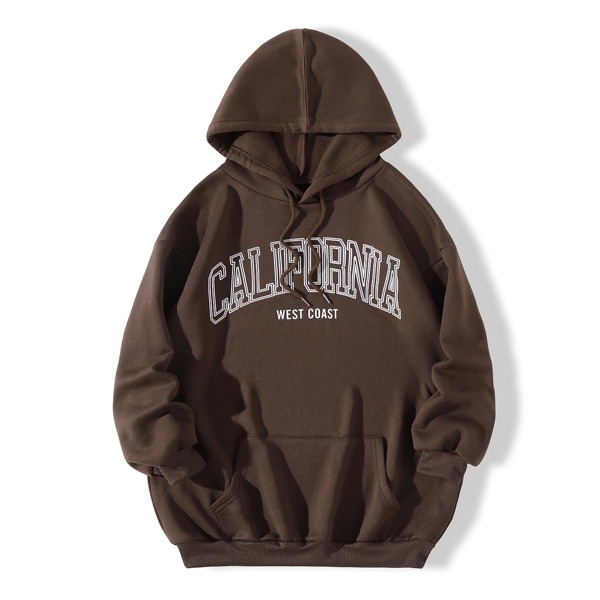 

Letter Graphic Kangaroo Pocket Drawstring Hoodie, Chocolate brown