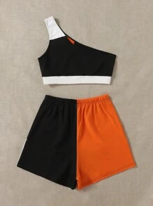 SHEIN EZwear 單肩拼色上衣和運動短褲套裝 - 彩色 - 查看 2