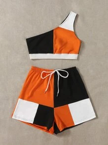 SHEIN EZwear 單肩拼色上衣和運動短褲套裝 - 彩色 - 查看 3