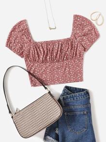 Soleia 大圓領小碎花T恤 - 藕粉色 - 查看 1