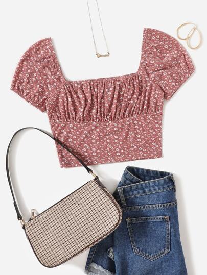 T-Shirt mit U Kragen und Blümchen Muster