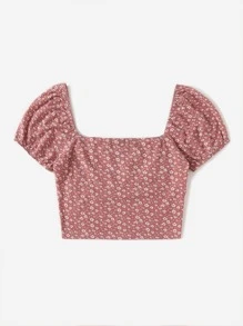 Soleia 大圓領小碎花T恤 - 藕粉色 - 查看 2