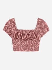 Soleia 大圓領小碎花T恤 - 藕粉色 - 查看 3