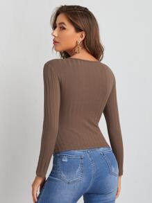 SHEIN Privé Camiseta unicolor de cuello cruzado - Café integral - Ver 2