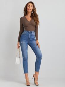 SHEIN Privé Camiseta unicolor de cuello cruzado - Café integral - Ver 3