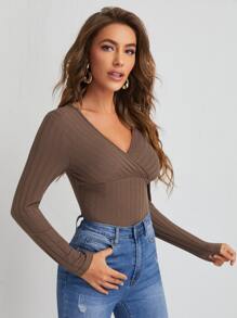 SHEIN Privé Camiseta unicolor de cuello cruzado - Café integral - Ver 4