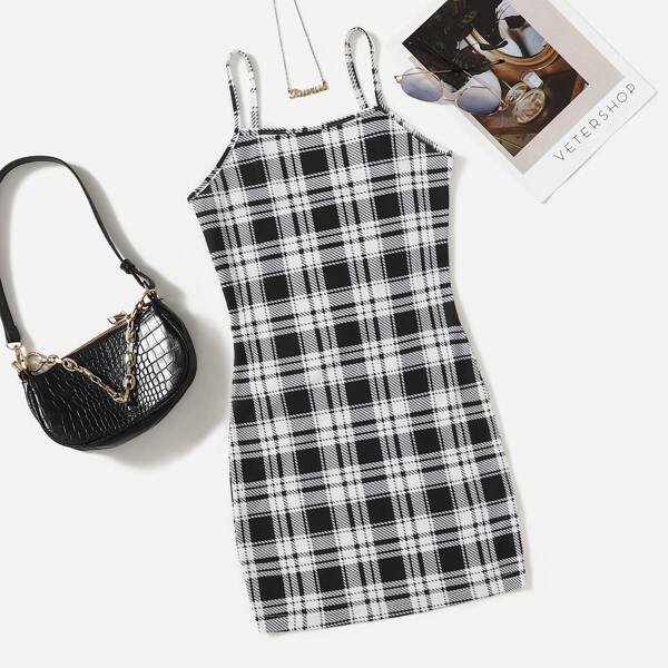 

Plaid Print Cami Dress, Black and white
