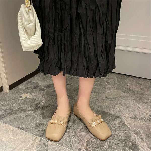 

Faux Pearls Decor Ballet Flats, Khaki