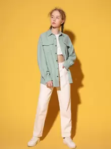 SHEIN 青少年女孩翻蓋口袋落肩袖燈芯絨襯衫