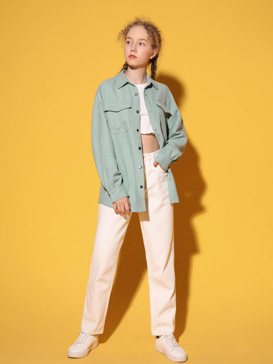 SHEIN 青少年女孩翻蓋口袋落肩袖燈芯絨襯衫