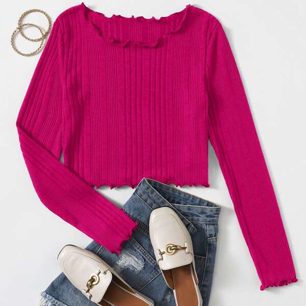 

Lettuce Trim Rib-knit Tee, Hot pink
