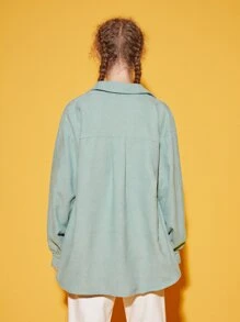 SHEIN 青少年女孩翻蓋口袋落肩袖燈芯絨襯衫