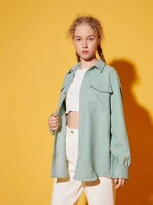 SHEIN 青少年女孩翻蓋口袋落肩袖燈芯絨襯衫