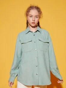 SHEIN 青少年女孩翻蓋口袋落肩袖燈芯絨襯衫