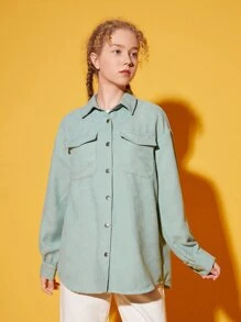 SHEIN 青少年女孩翻蓋口袋落肩袖燈芯絨襯衫