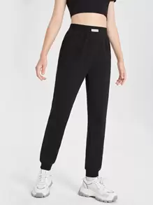 SHEIN Quần thể thao Con gái Đắp vá Lá thư - màu đen - Xem 1