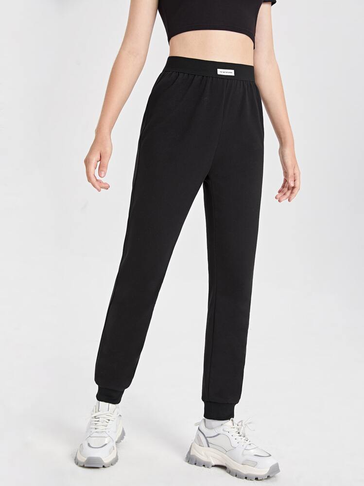 SHEIN 青少年女孩補丁細節束腳褲 - 黑色 - 查看 1