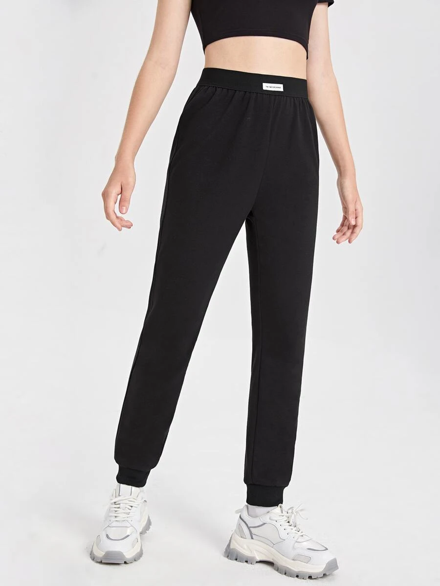 SHEIN Quần thể thao Con gái Đắp vá Lá thư - màu đen - Xem 1