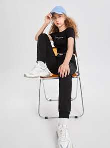 SHEIN Quần thể thao Con gái Đắp vá Lá thư - màu đen - Xem 3